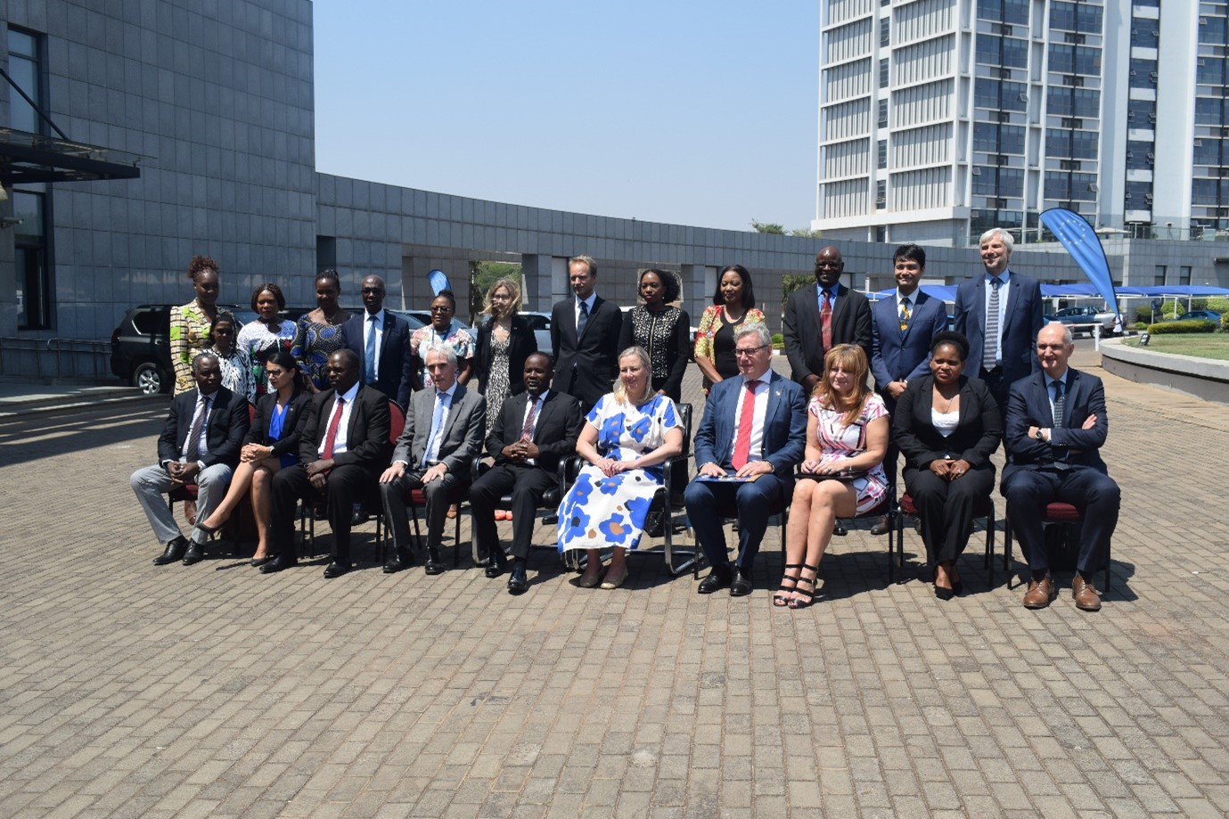 The Minister of Finance and Economic Affairs (5th L), the EU Commissioner for International Partnerships (5th R), and other officials posing for a photo during signing ceremony of the MIP 2021-2027 six Financing Agreements on 28 October, 2022 at BICC in Lilongwe