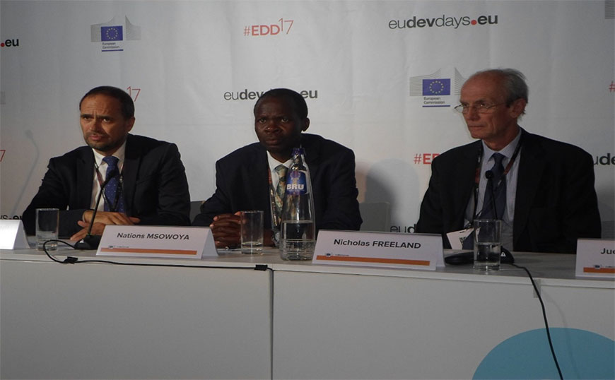 Mr Nations Msowoya (C) Head of NAO Support Unit and EU Ambassador to Malawi Marchel Gerrmann (L) during 2017 European Development Days (EDD). TCF supports participation in many international conferences including EDD
